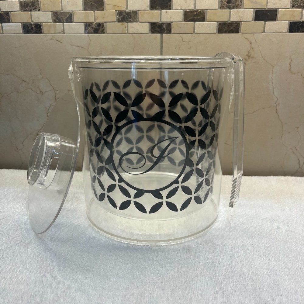 NWOT Ice bucket plastic clear tongs lid letter "J" black design 8 x 6
